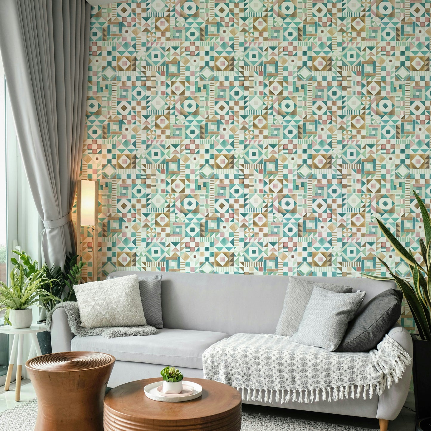 Contemporary tile-effect wallpaper with clean lines

