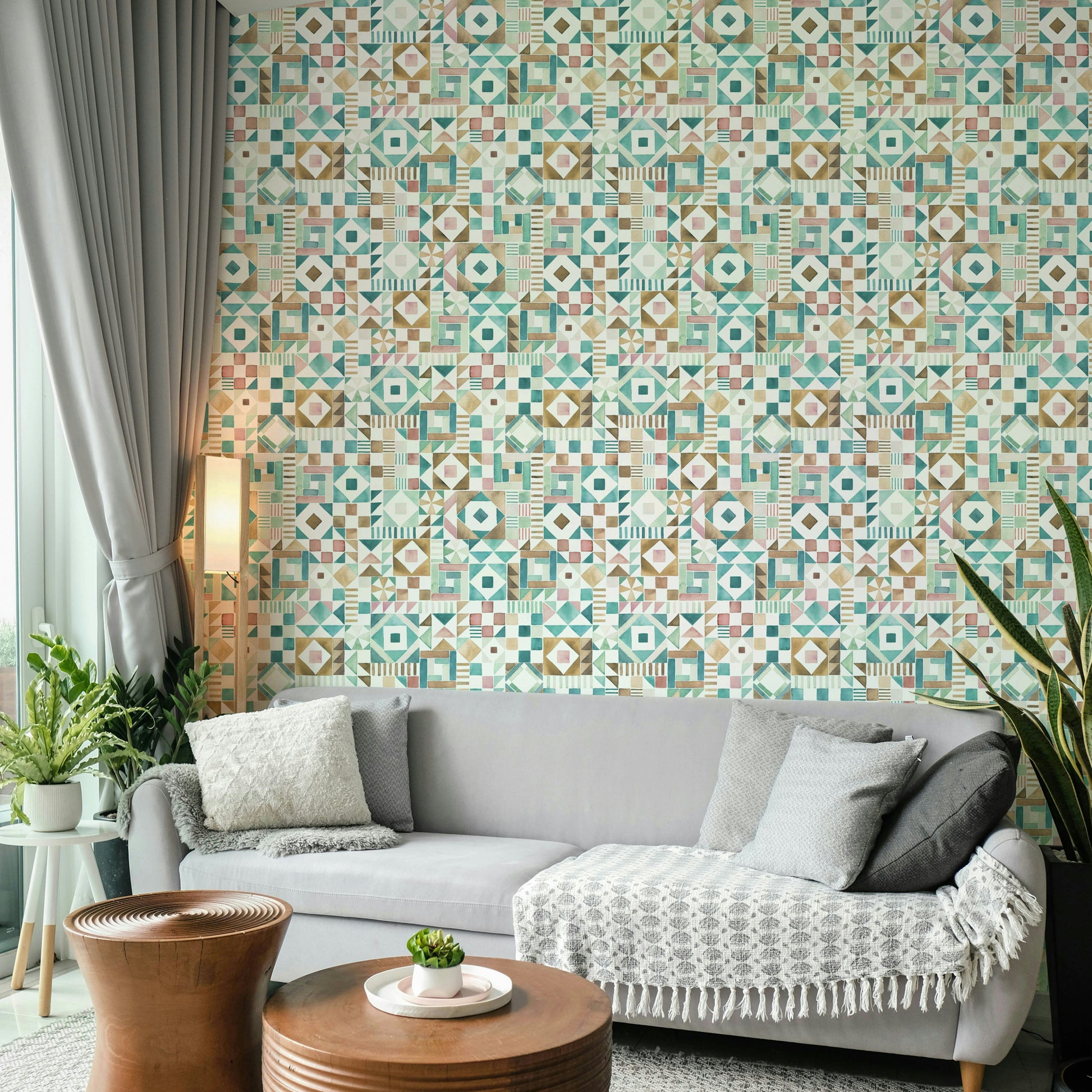 Contemporary tile-effect wallpaper with clean lines

