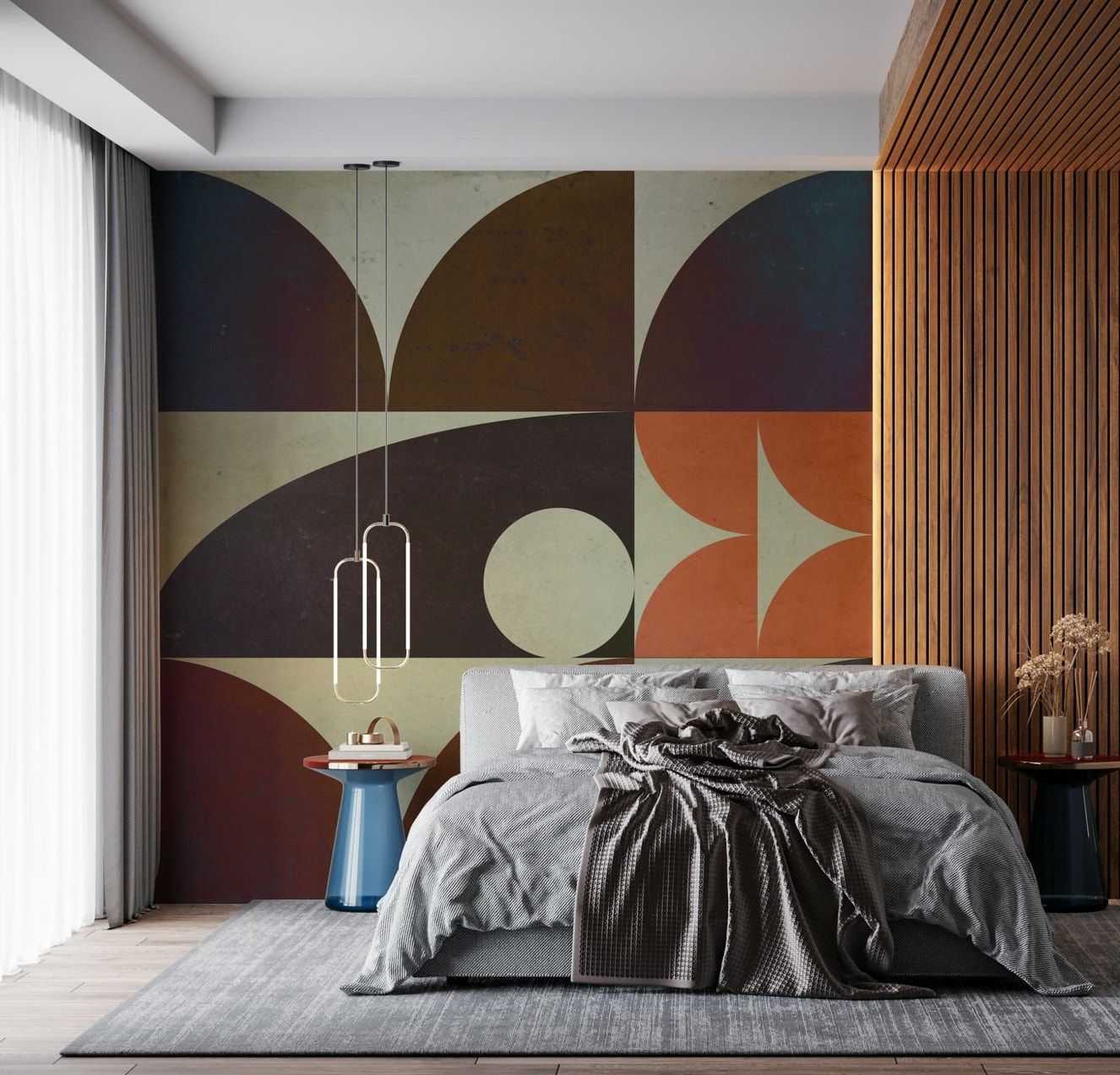 Geometrica fall mural wallpaper with grunge texture and Bauhaus inspired design elements.