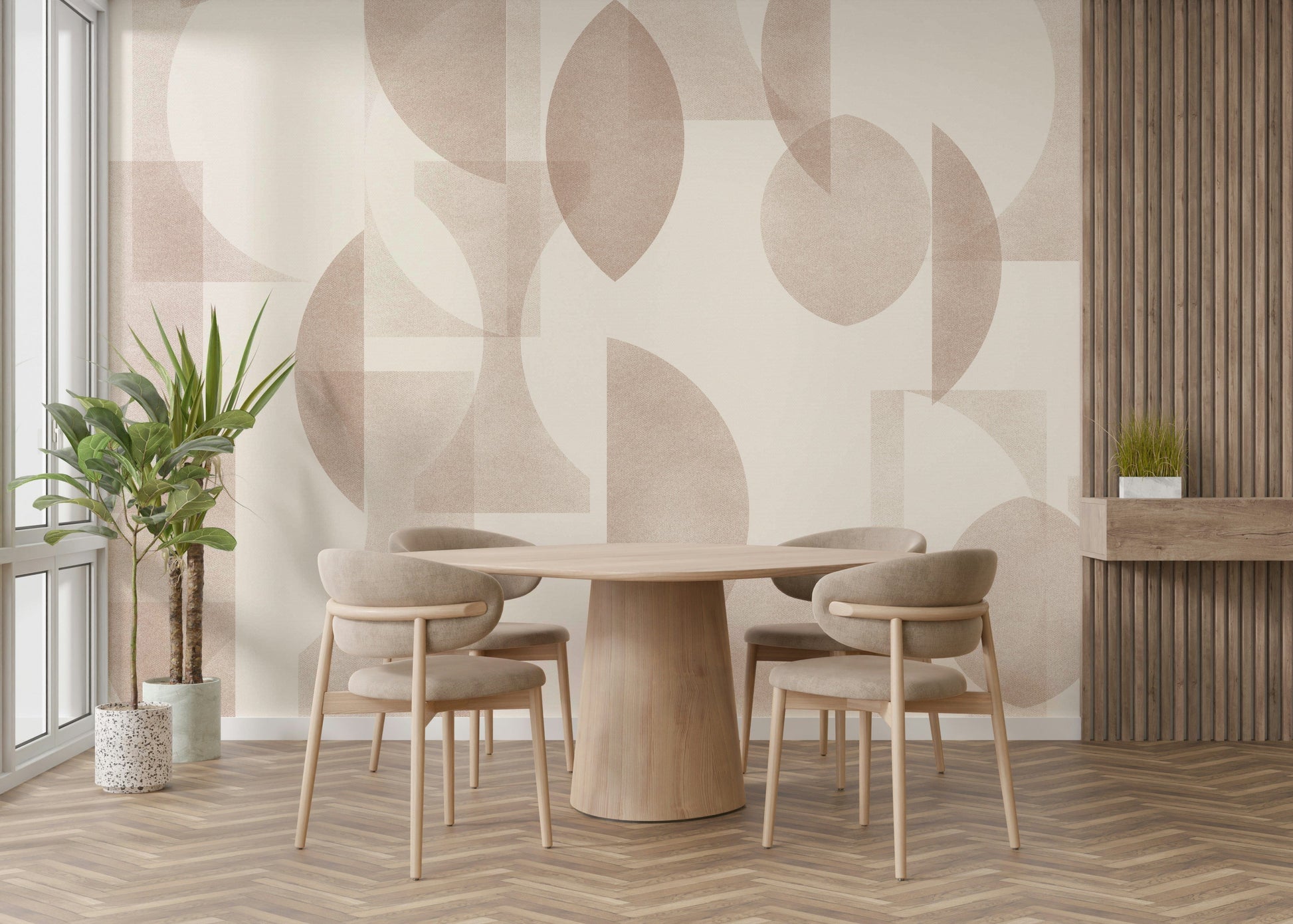 A dining area decorated with a geometric mural


