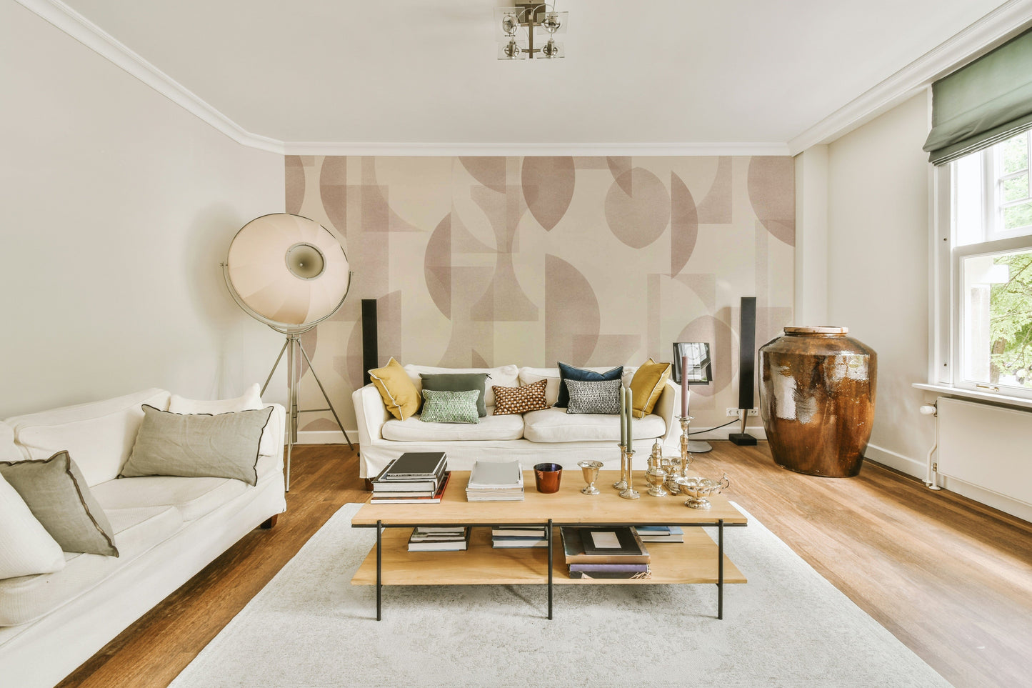 Geometrica Mocha wall mural in a living room

