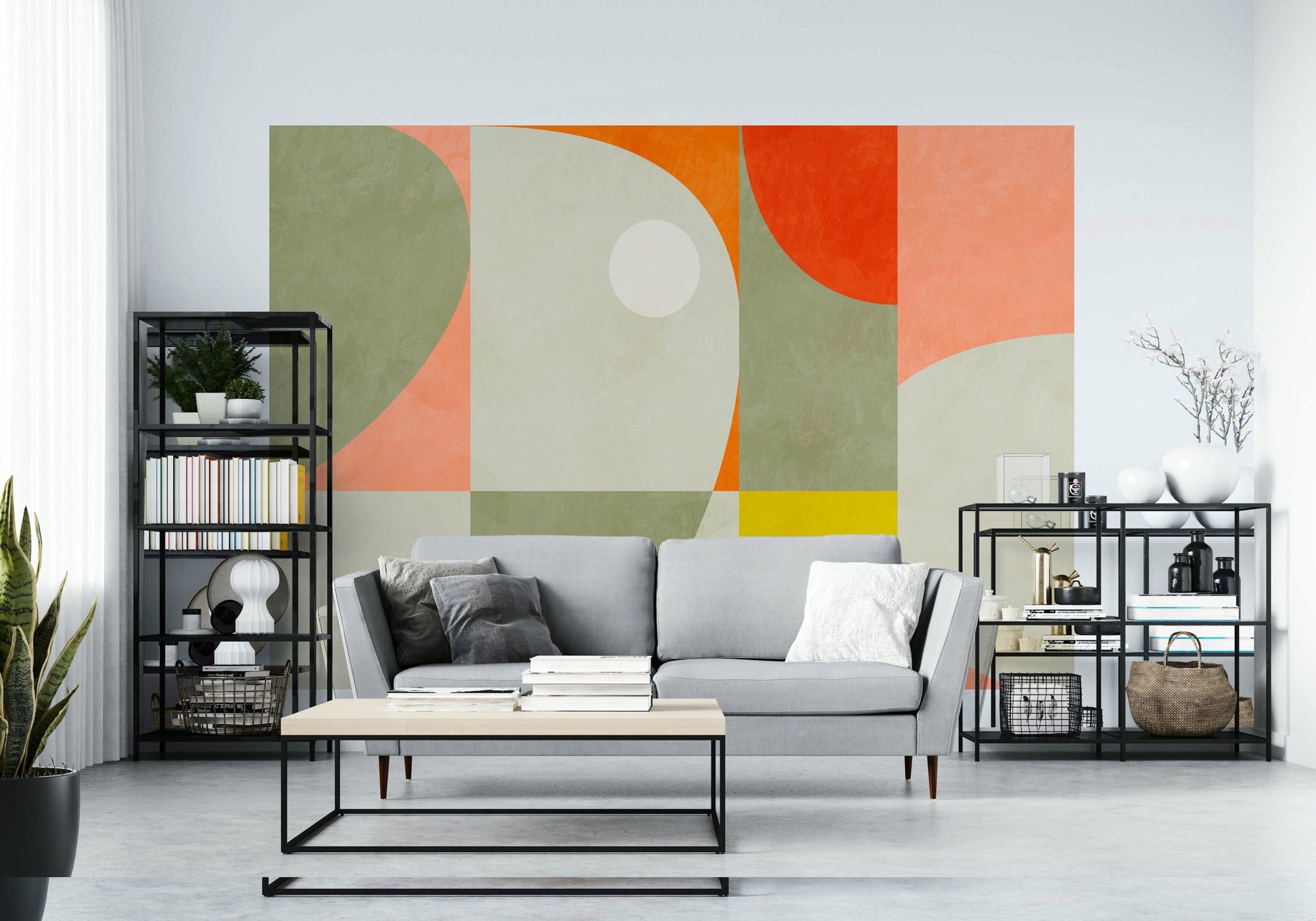 An artistic interlocking shape mural on minimalist wallpaper.


