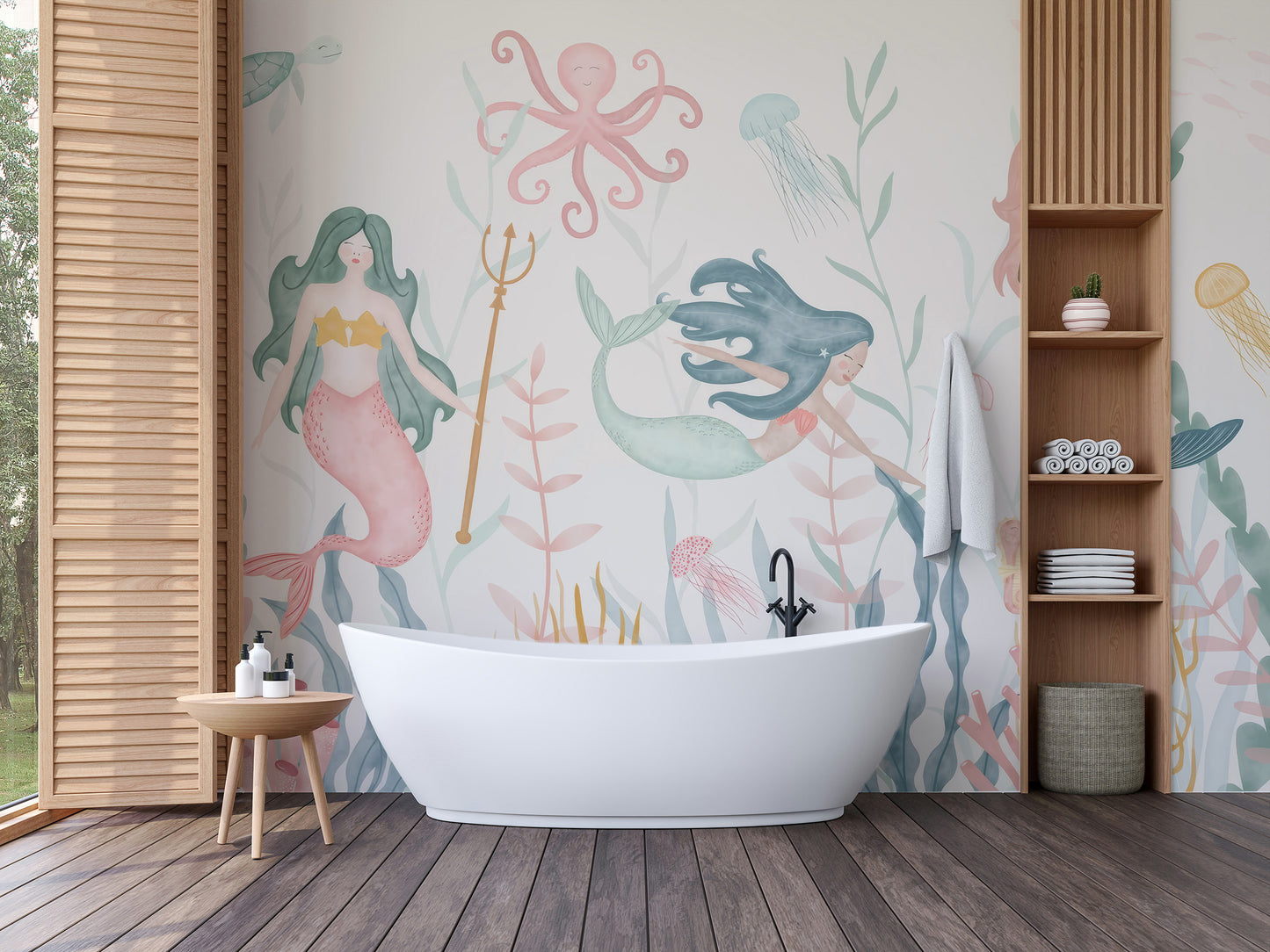 Dreamy Aquatic Ballet wallpaper of pastel mermaids behind a freestanding tub with wood slat shelving in a bathroom