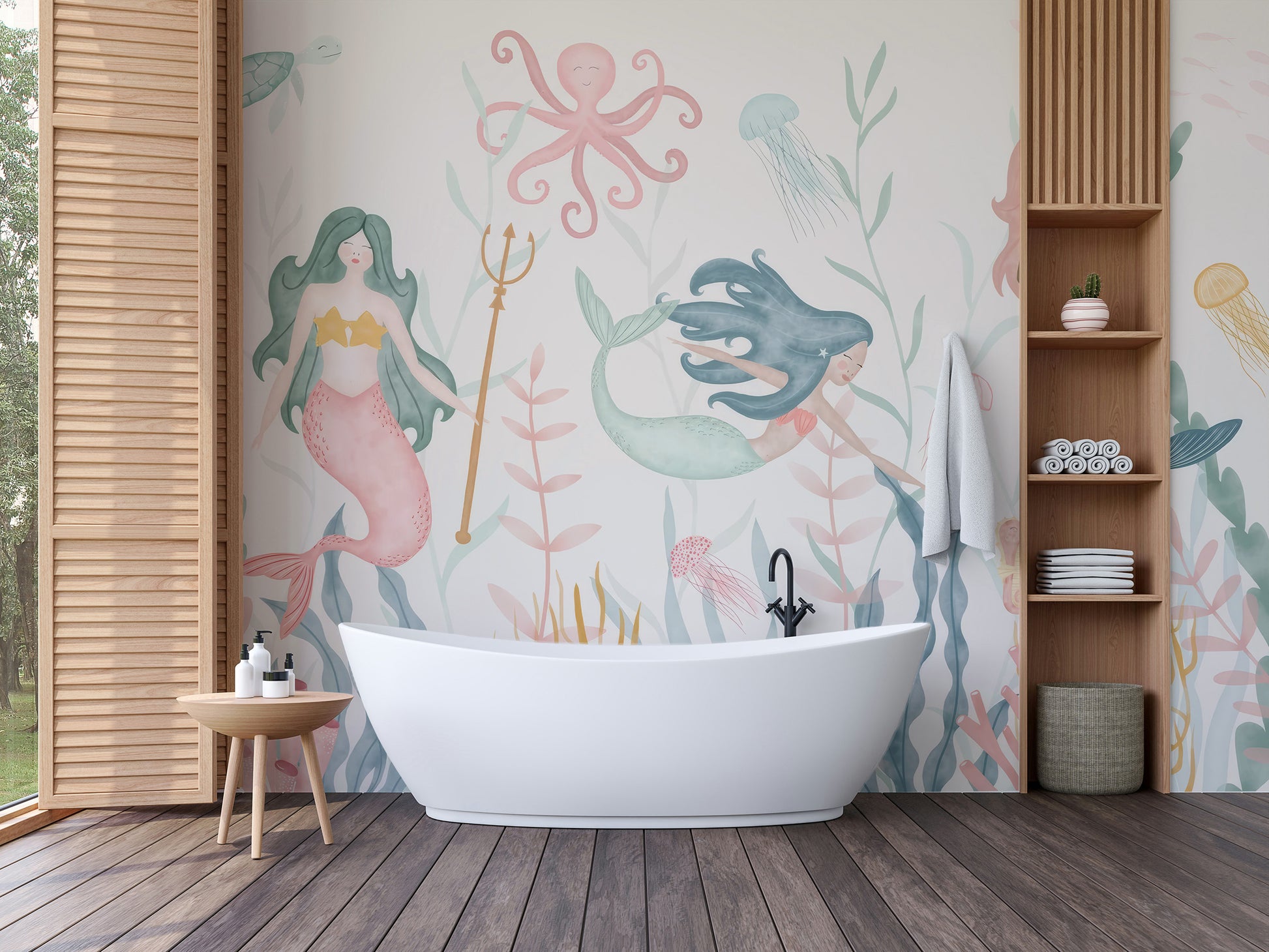 Dreamy Aquatic Ballet wallpaper of pastel mermaids behind a freestanding tub with wood slat shelving in a bathroom