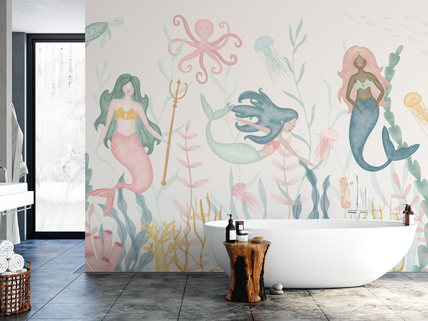 Dreamy Aquatic Ballet wallpaper of watercolor mermaids and seaweed behind a white freestanding tub in a bathroom
