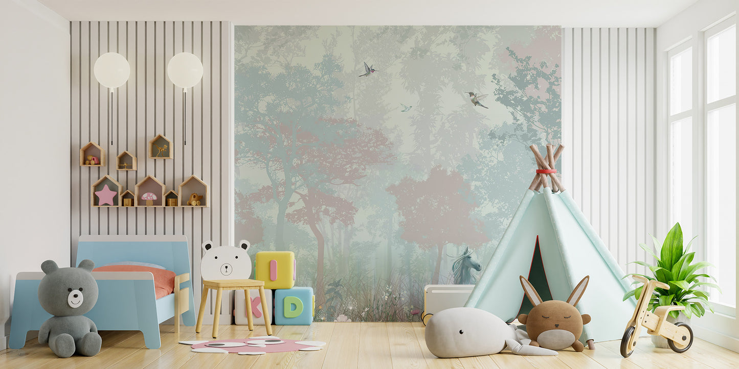 Enchanted Fairy Forest Kids Wallpaper peel and stick version in a playroom with a blue sofa and teepee tent.