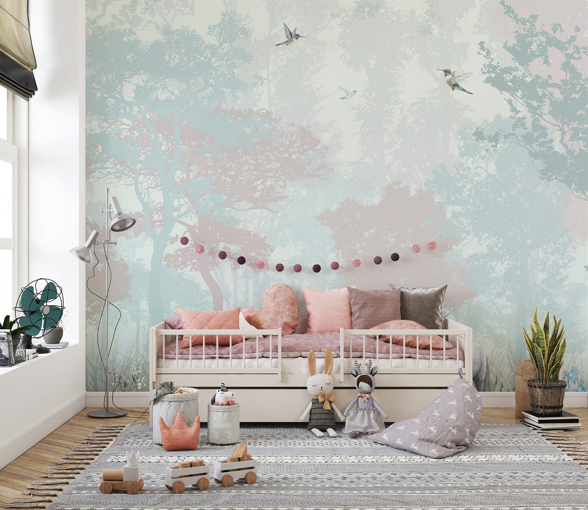 Removable Fairy Forest Kids Wallpaper in a bedroom with a white daybed, perfect for a damage-free nursery refresh.