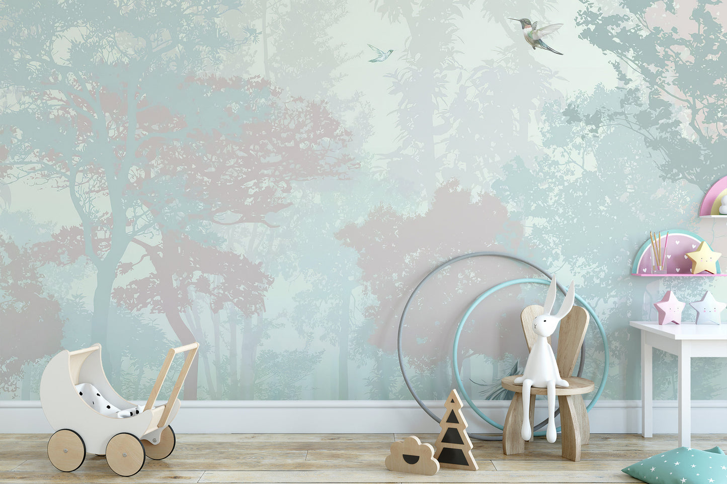 Standard finish fairy forest wall mural for kids in a playroom with a toy stroller and soft pastel tones.