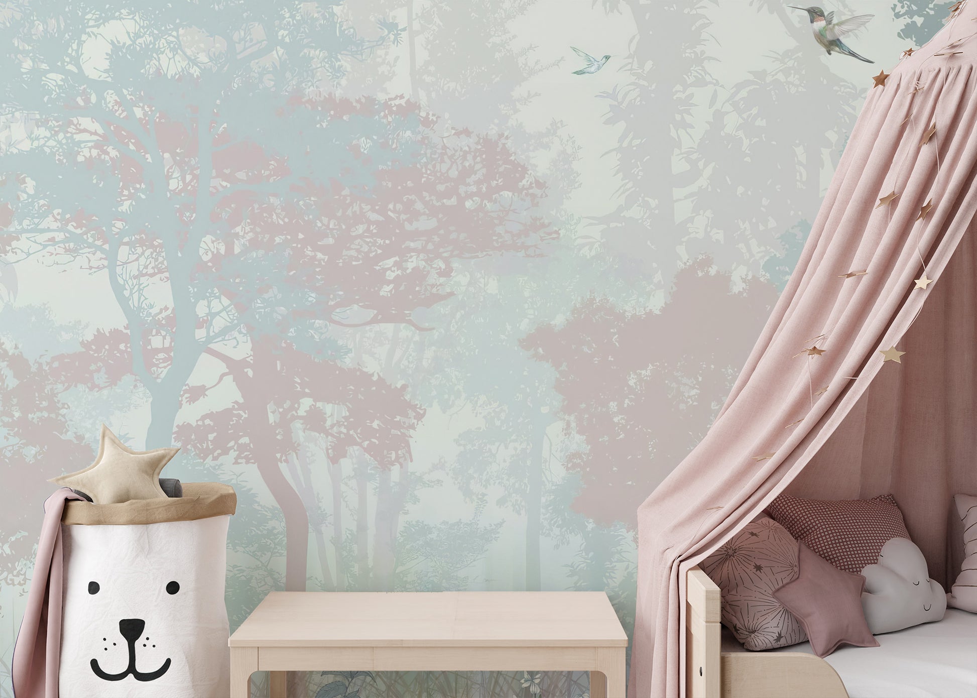 Premium Fairy Forest Kids Wallpaper in a bedroom with a pink canopy bed creating a dreamy and enchanted atmosphere.