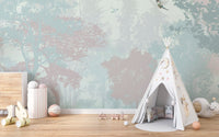 Whimsical fairy forest nursery mural on canvas material featuring a white teepee for a cozy woodland play area.