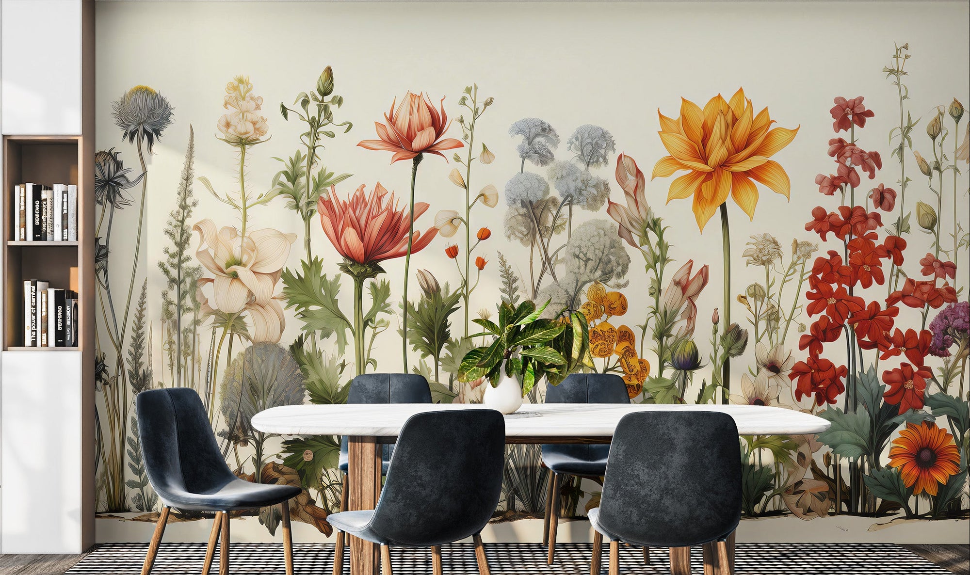 Flora Elegance Botanical wallpaper of vivid wildflowers behind a marble oval table and navy chairs in a dining room