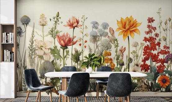 Flora Elegance Botanical wallpaper of vivid wildflowers behind a marble oval table and navy chairs in a dining room