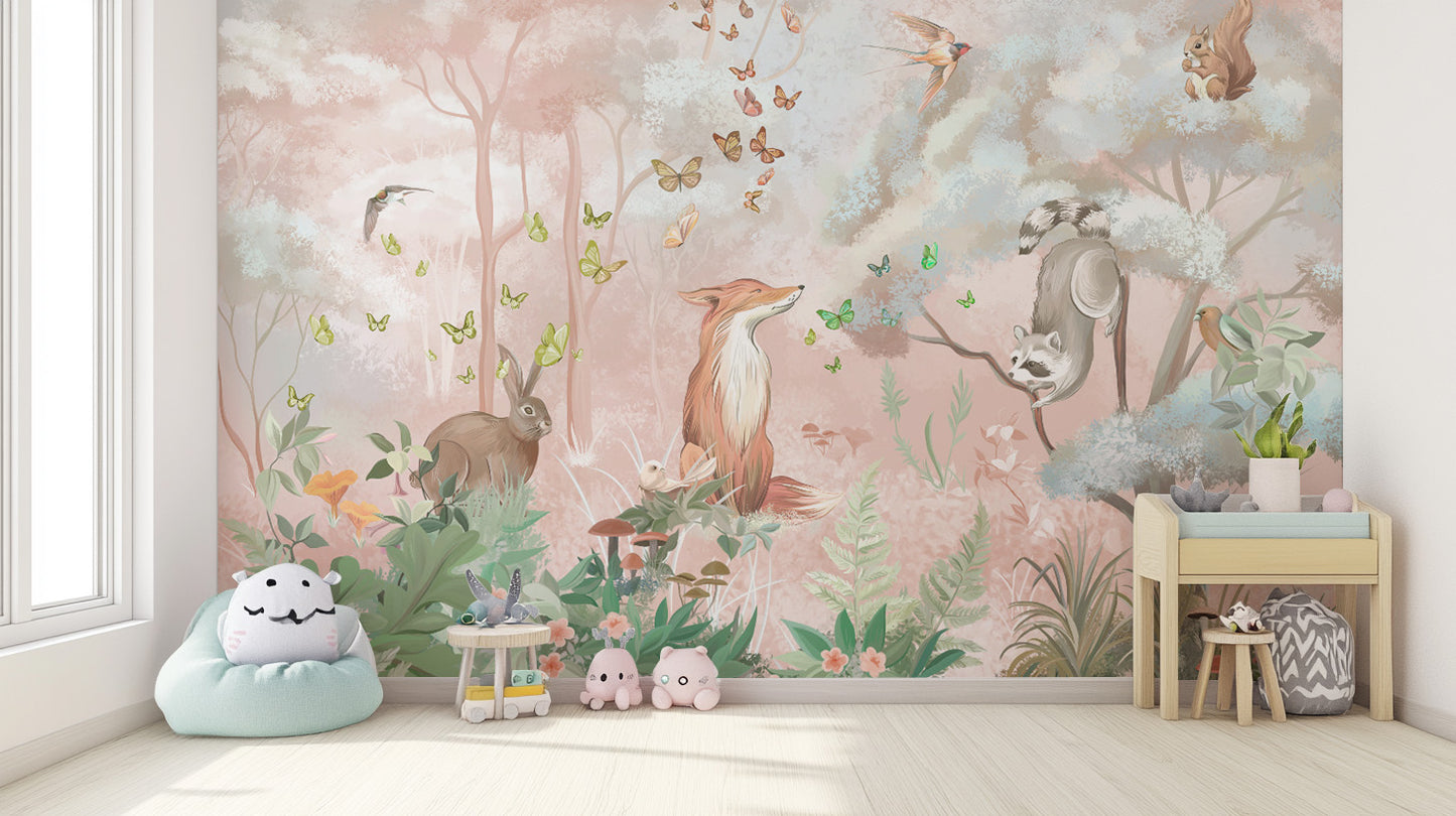 森林野生生物と蝶の壁の壁画