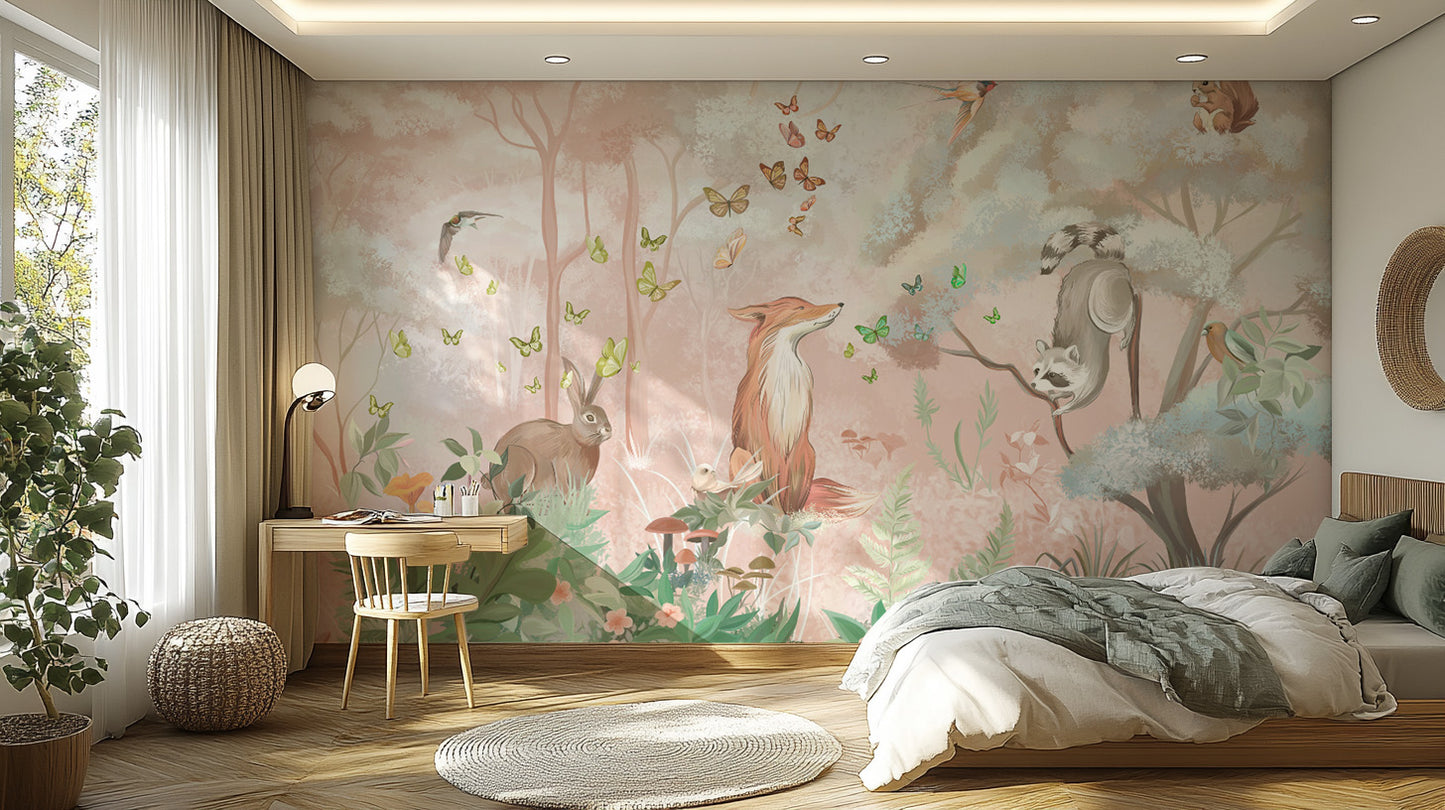 森林野生生物と蝶の壁の壁画