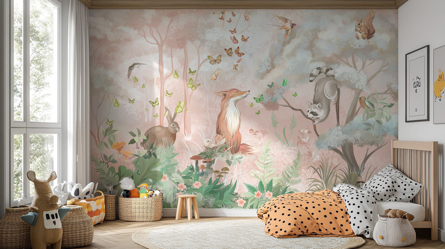 森林野生生物と蝶の壁の壁画