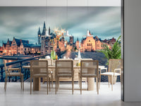 Ghent twilight glow wallpaper mural for living room, European city nightfall scene, Belgium decor
