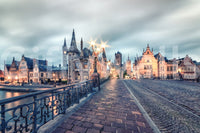 Ghent evening glow wall mural, Belgian city streetscape under violet sky, peel and stick wallpaper