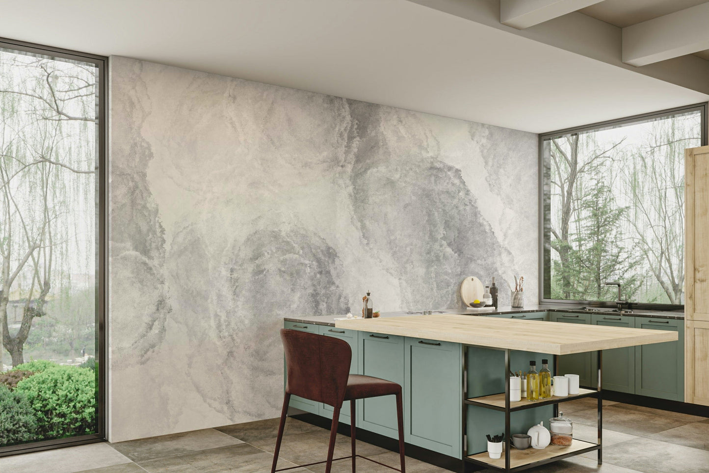 An artistic ethereal pattern mural on minimalist wallpaper.

