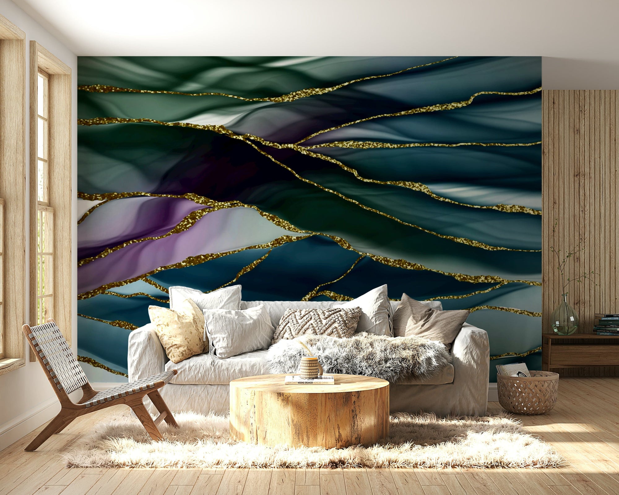 The mural shows a flowing, abstract river design.

