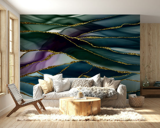 The mural shows a flowing, abstract river design.

