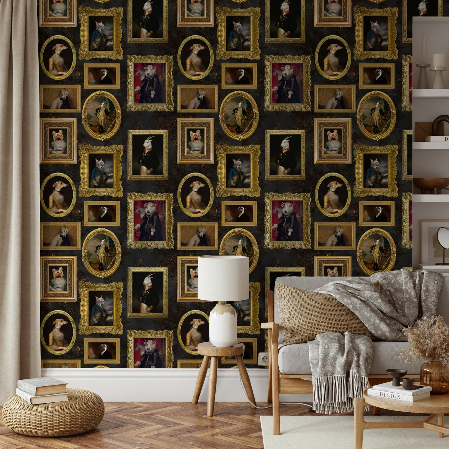 Wall mural showing a collection of sophisticated animal portraits.

