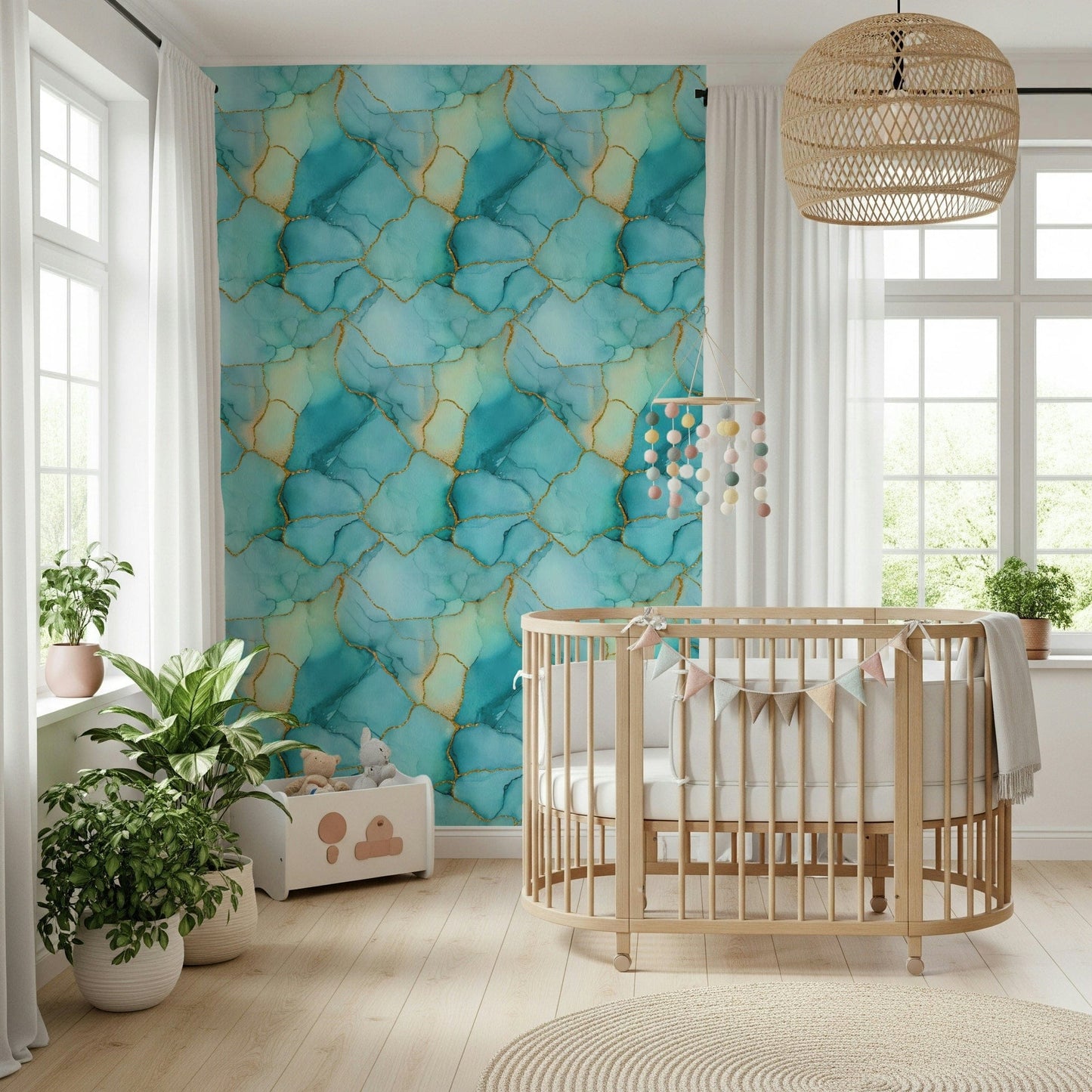 Aqua Gold Marble Texture Wallpaper – Modern decorative wallpaper showing soft aqua hues with elegant gilded streaks.