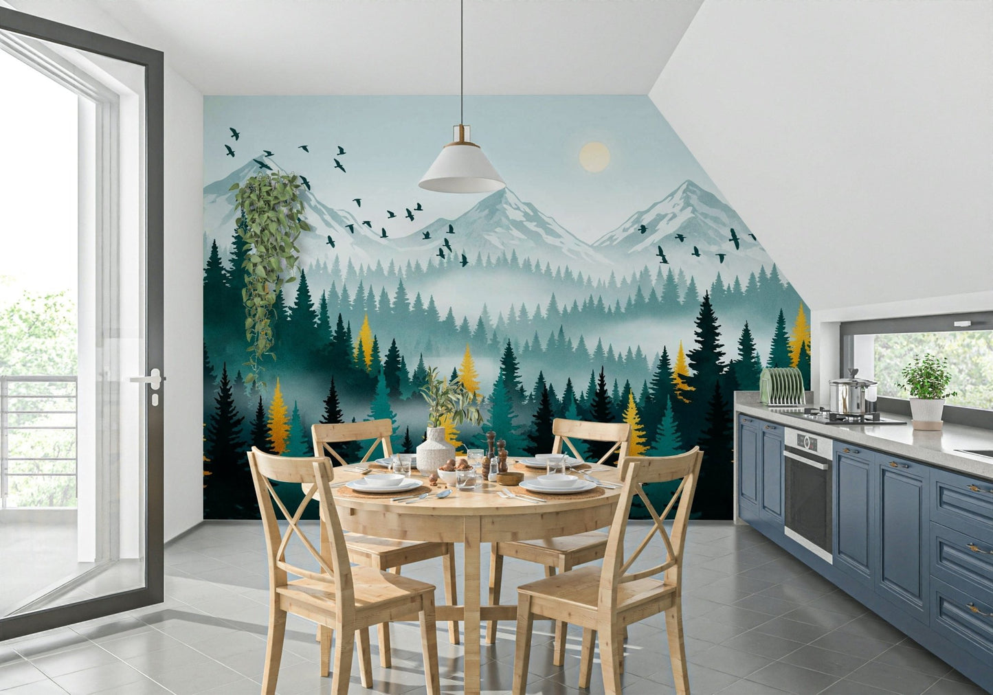Gilded forest wall mural in modern living room, gold and deep green trees, feature wall behind sofa