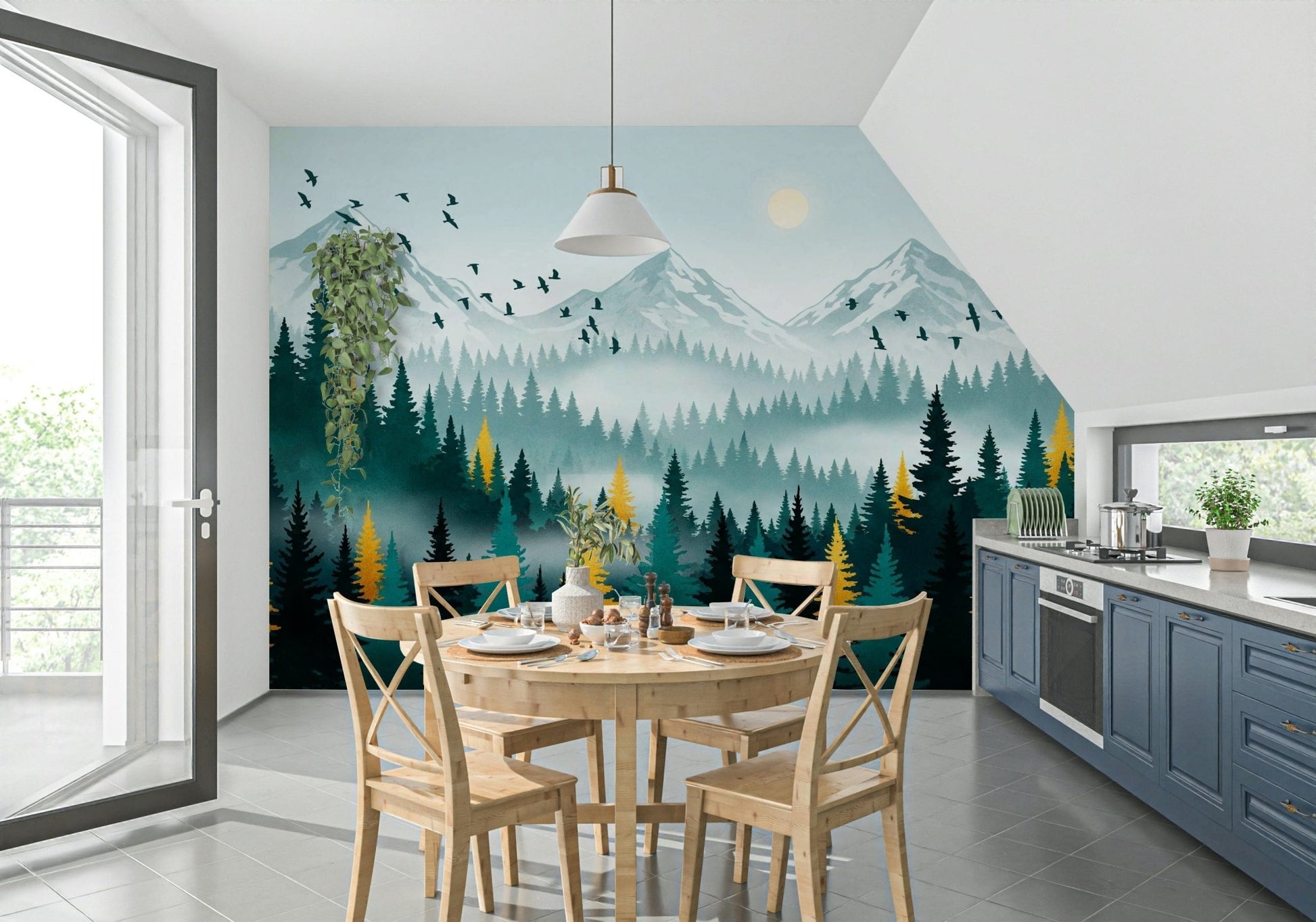 Gilded forest wall mural in modern living room, gold and deep green trees, feature wall behind sofa