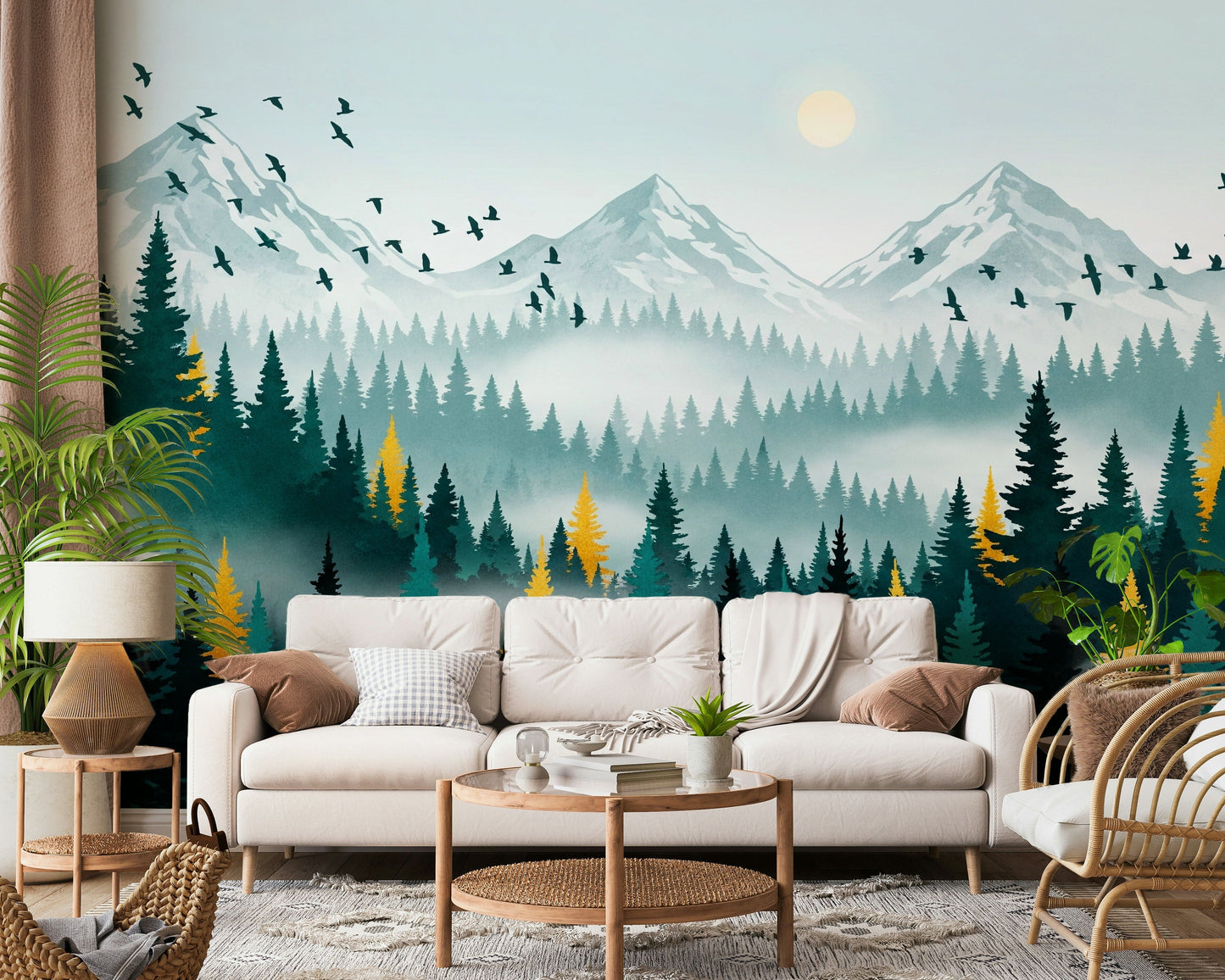 Gilded Forest Wall Mural in guest room, deep green forest scene, soft gold accents