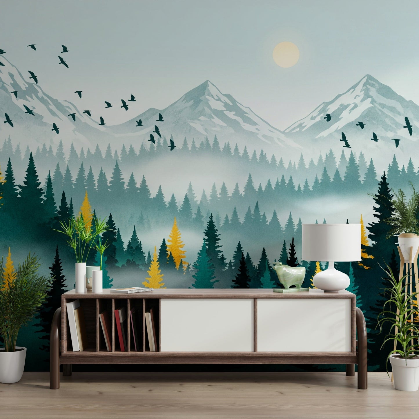 Gilded Forest Wall Mural in bedroom, metallic gold woodland detail, dark green backdrop, calm mood