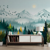 Gilded Forest Wall Mural in bedroom, metallic gold woodland detail, dark green backdrop, calm mood