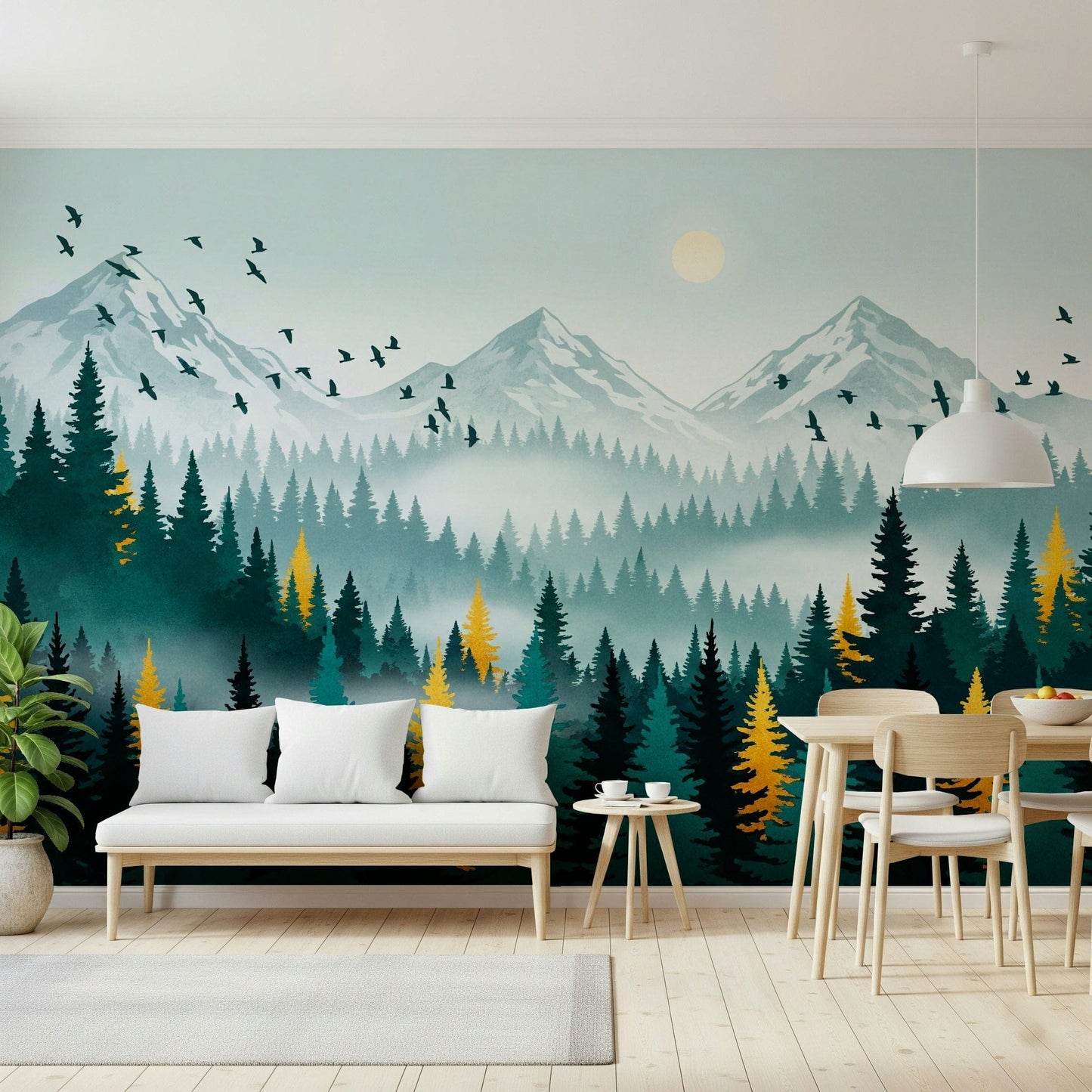 Gilded woodland mural in reading nook, cozy chair and lamp, moody forest background