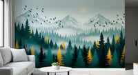 Gold and green forest mural in apartment dining area, moody woodland scene, statement wall
