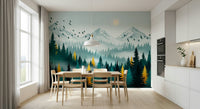 Gold forest mural for lounge wall, layered trees, dramatic but clean modern look