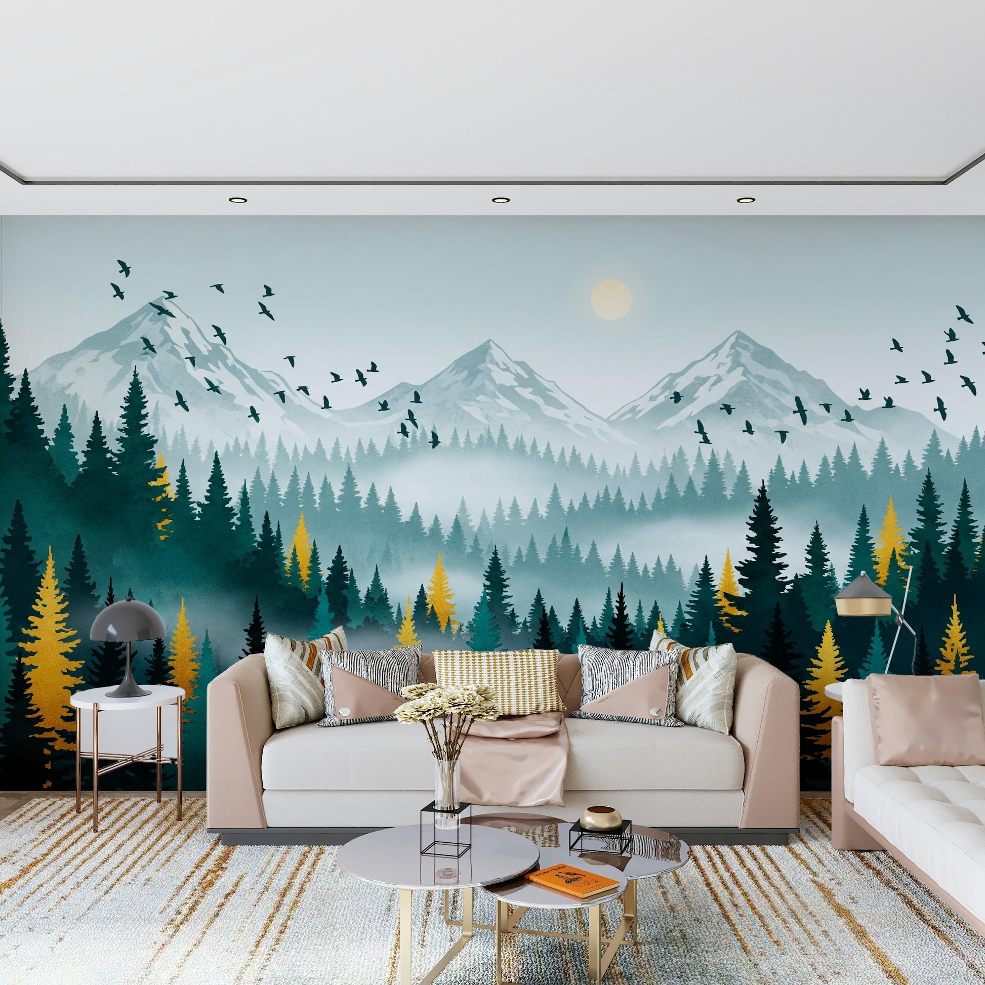 Forest mural in home office, gold tree silhouettes, modern desk setup, refined wall decor