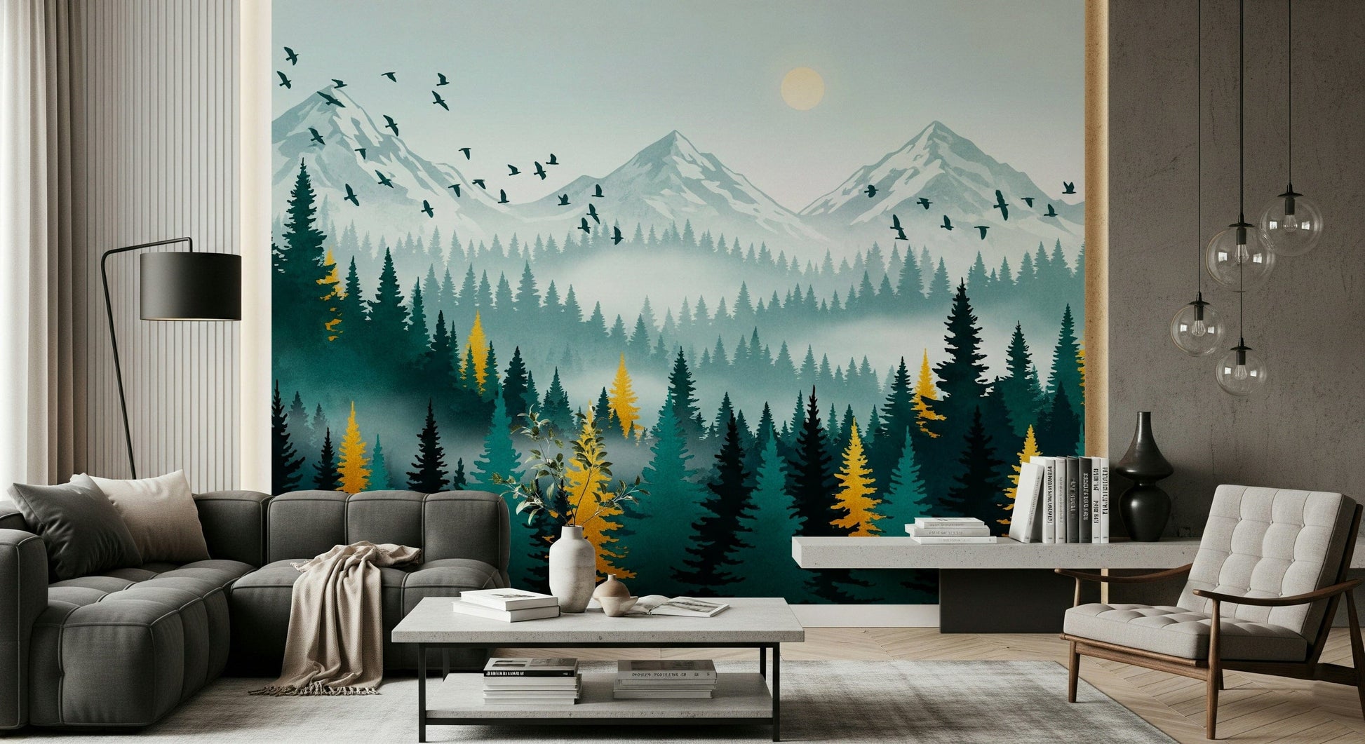 Forest wall decor in sitting room, gold branches on deep green, warm lighting, modern style