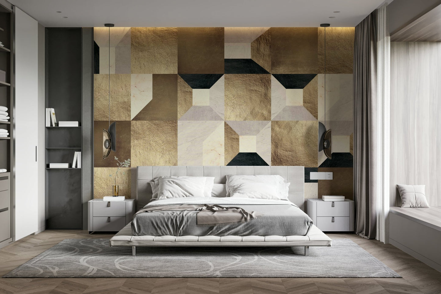 The wall mural is installed on a living room feature wall.

