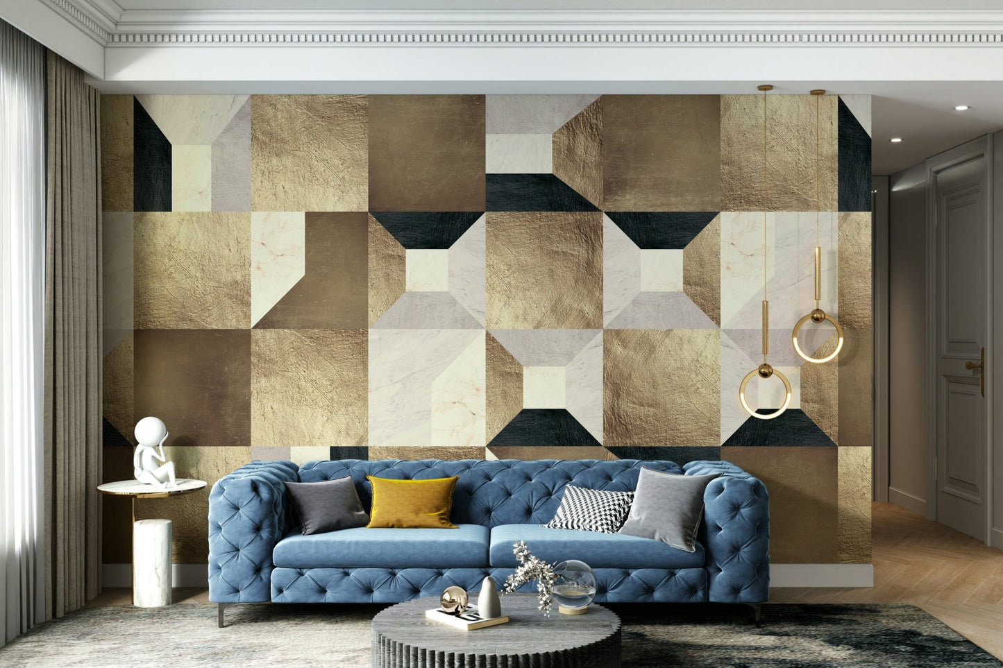 The style is geometric and has a luxurious, contemporary feel.

