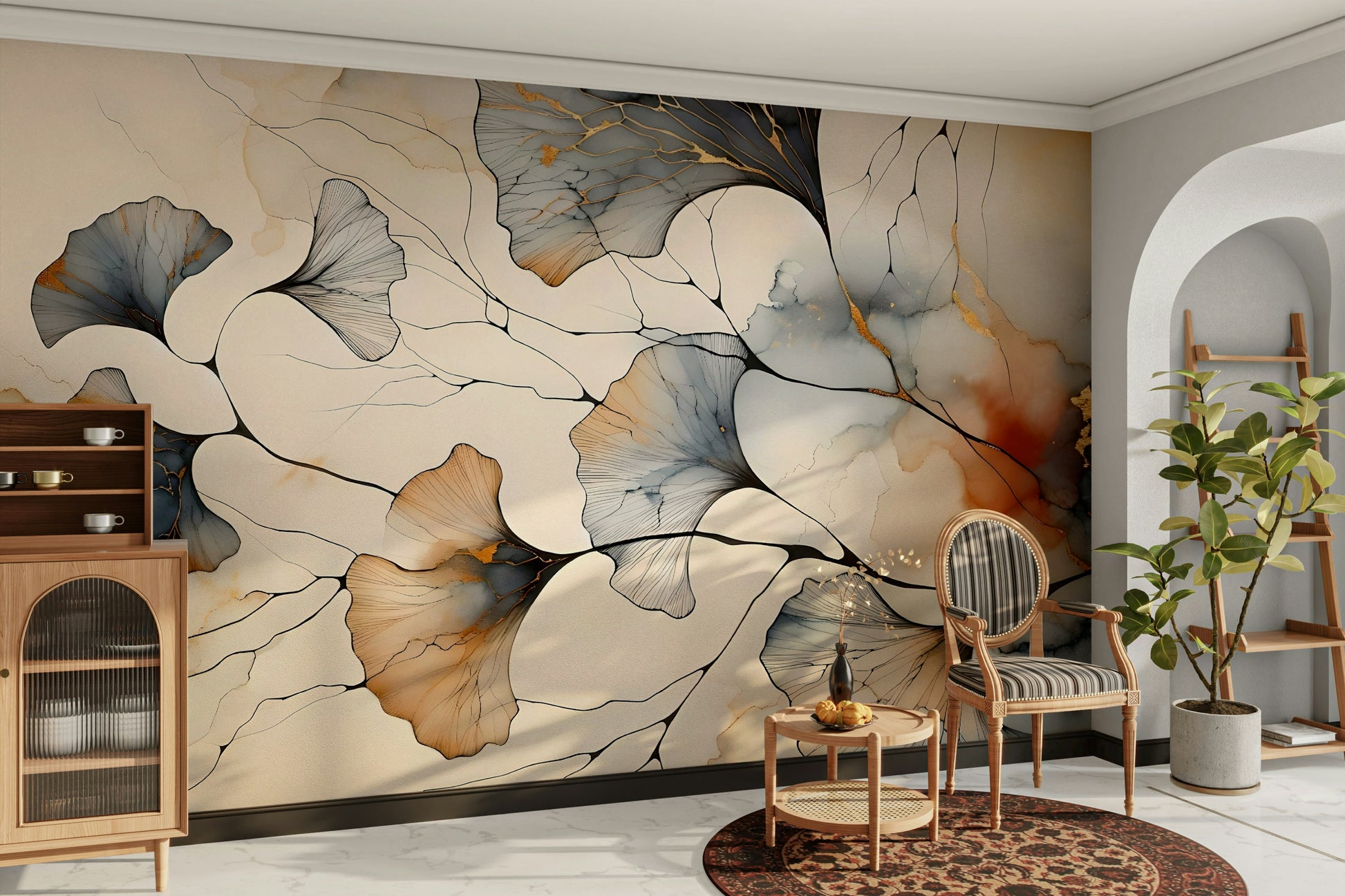 Gilded Ginkgo Elegance Wall Mural used as a backdrop in a professional office.