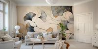 Metallic ginkgo leaf wallpaper for a sophisticated apartment feature wall.