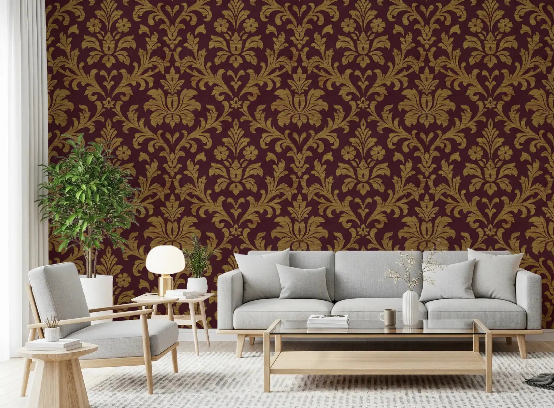 Gilded leaves wall mural with gold accents for luxurious living rooms.