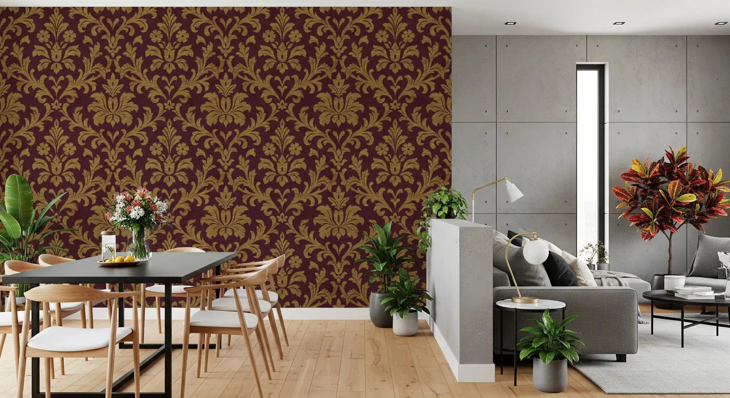 Gilded leaves wallpaper with gold detailing, ideal for hallway walls.