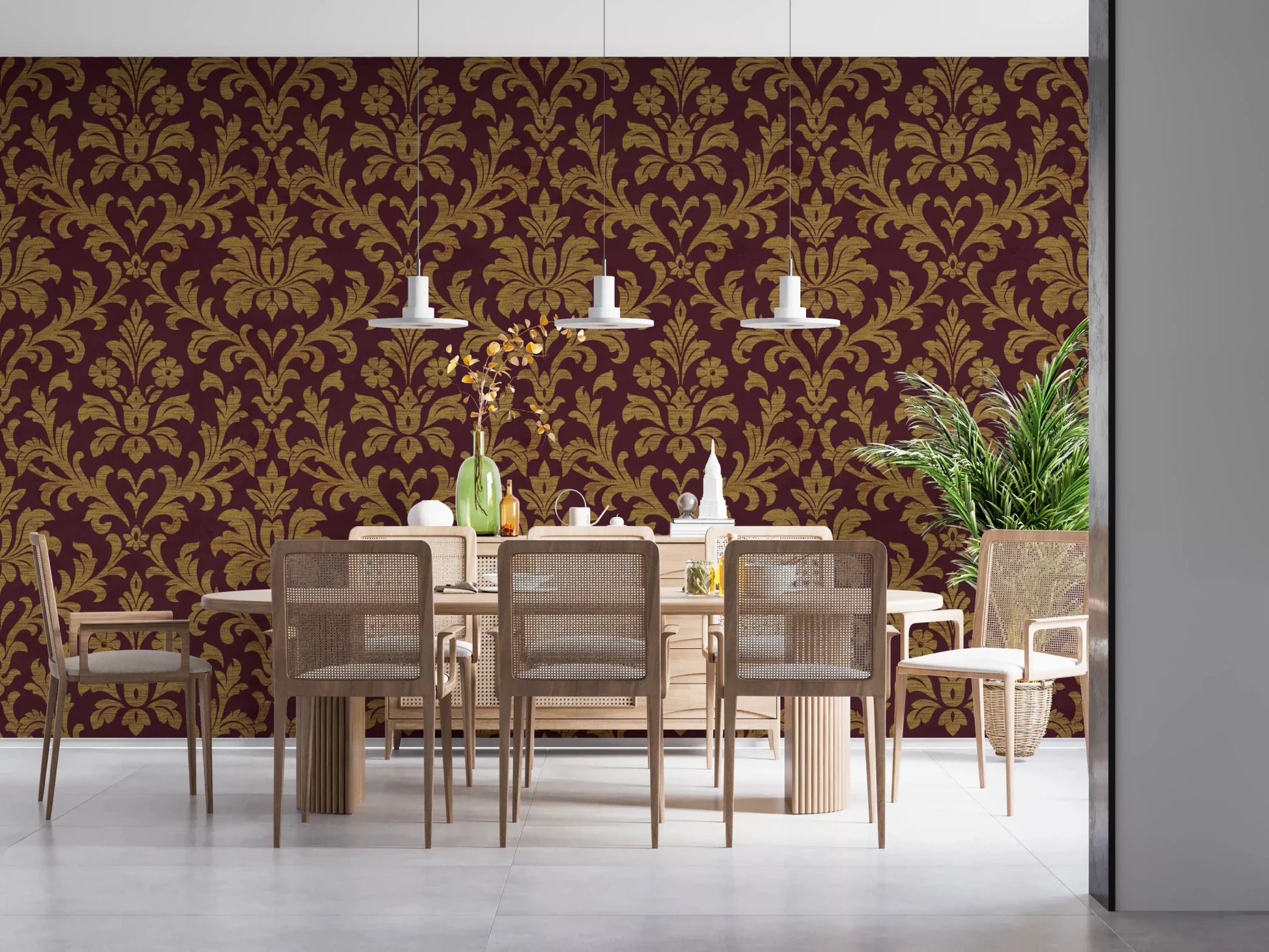 Gilded leaves wallpaper with shimmering gold design for dining rooms.