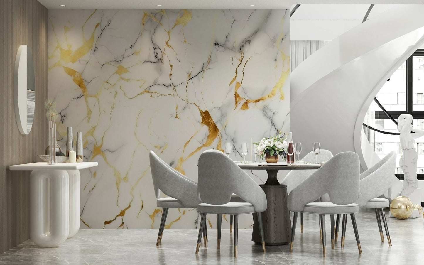 Wall mural depicting artistic marble swirls with shimmering gold details for statement walls.