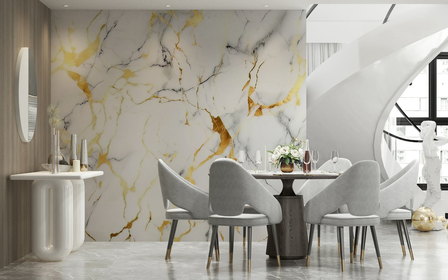 Wall mural depicting artistic marble swirls with shimmering gold details for statement walls.