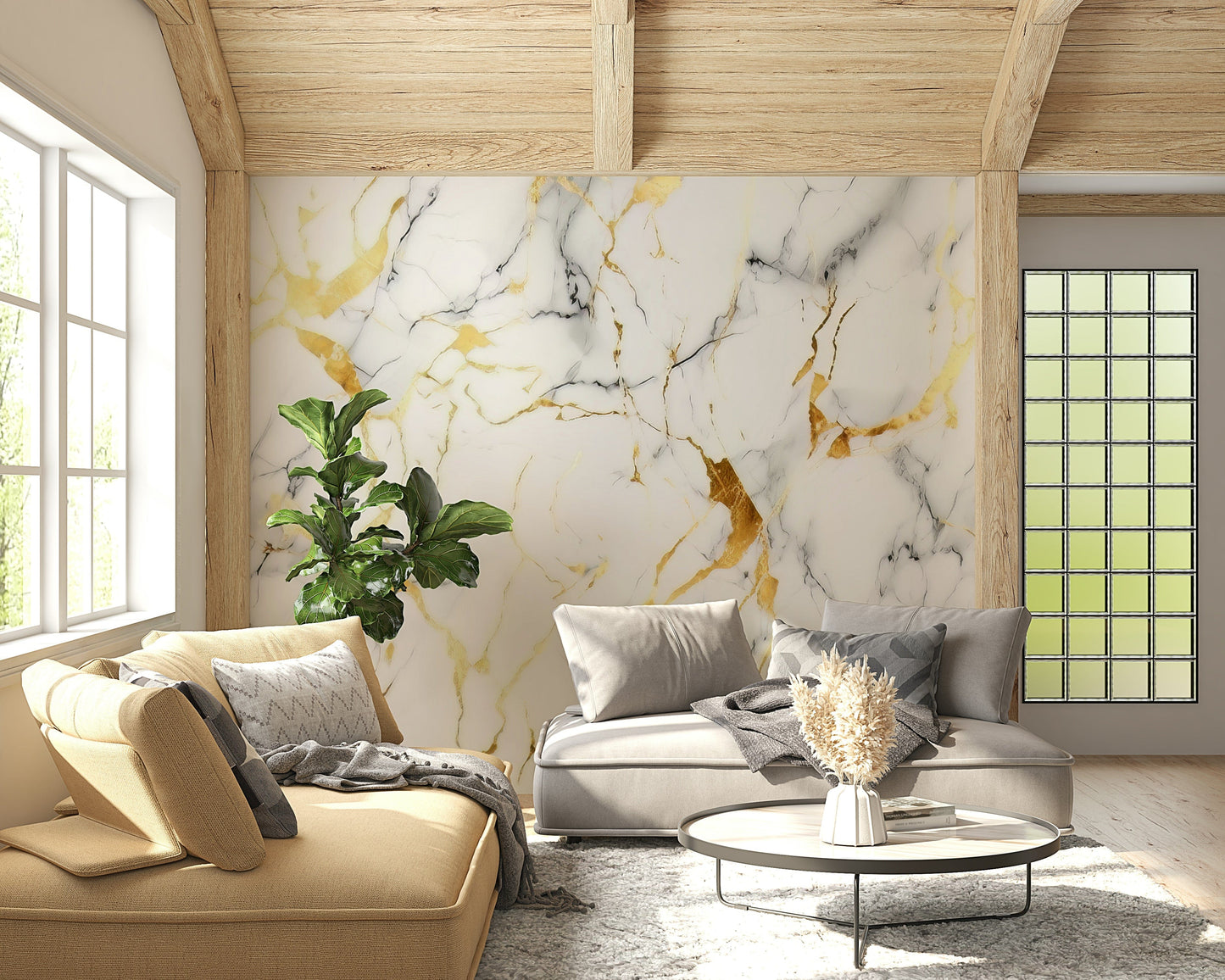 Wall mural with rich marble swirls and gilded highlights for sophisticated interiors.