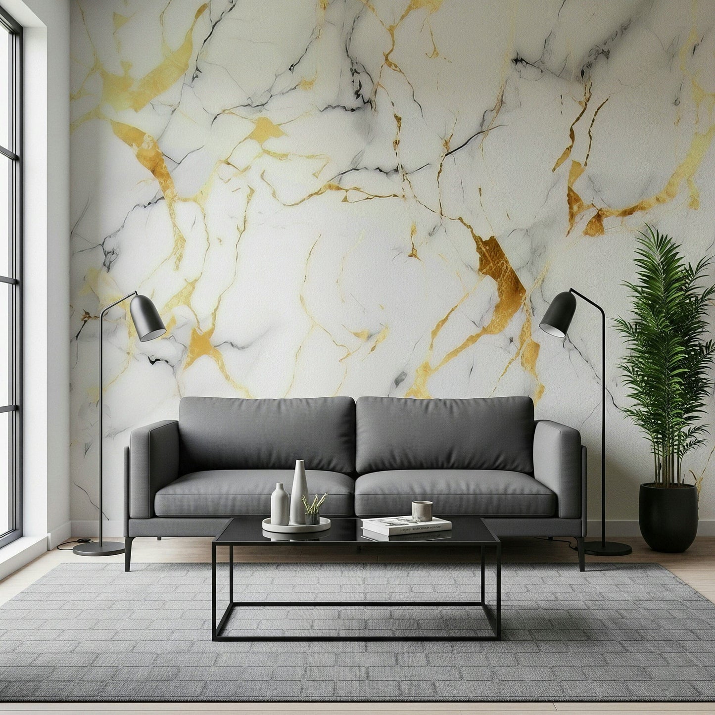 Marble-inspired wallpaper with flowing swirls highlighted by metallic gold details.