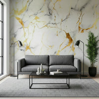 Marble-inspired wallpaper with flowing swirls highlighted by metallic gold details.