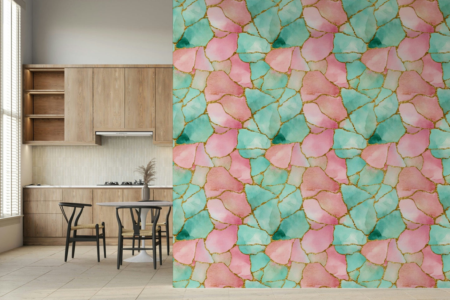 Nature-inspired wall mural mimicking flowing pink and turquoise waters with gilded touches