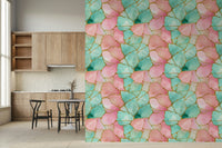 Nature-inspired wall mural mimicking flowing pink and turquoise waters with gilded touches